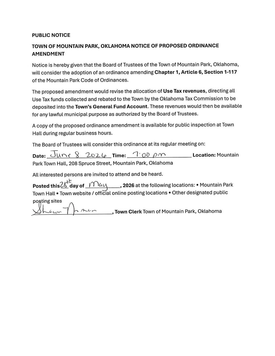 Public notice of to amendment Chapter 1, Article 6, Section 1-117 of Mountain Park Code of Ordinances. The changes will be considered at regular town meeting on June 8th @ 7:00pm.