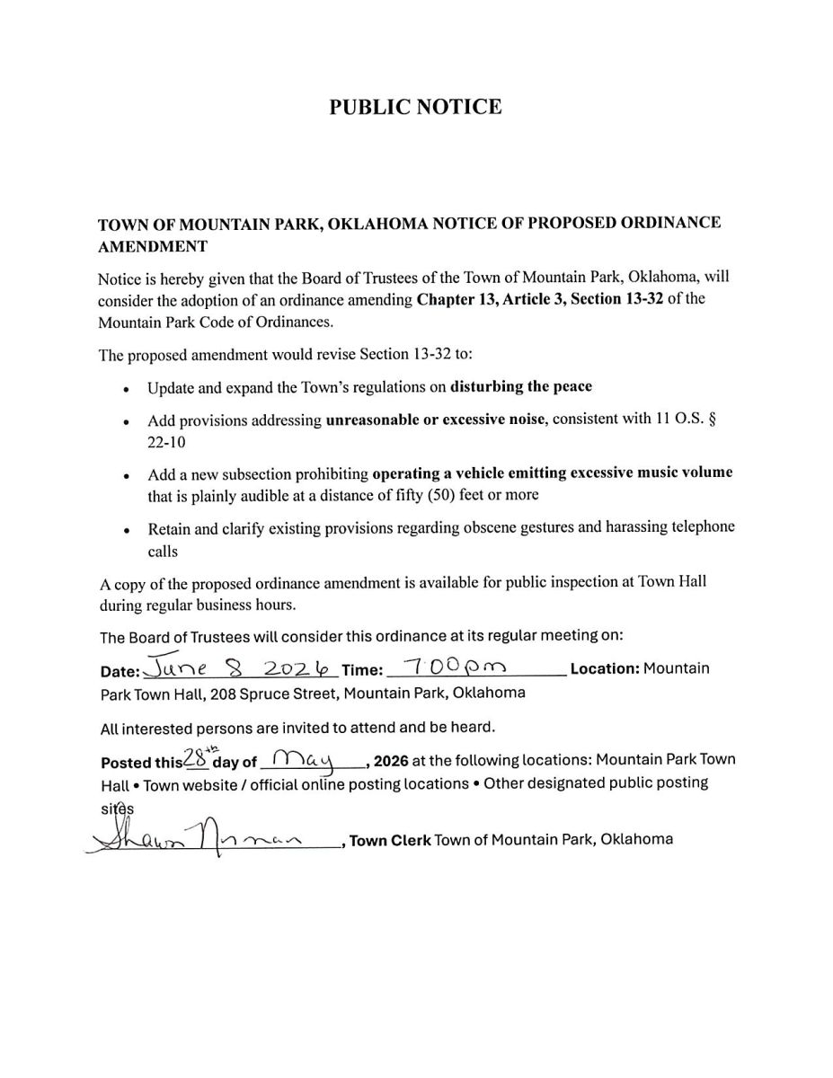 Public notice of to amendment Chapter 13, Article 3, Section 13-32 of Mountain Park Code of Ordinances. The changes will be considered at regular town meeting on June 8th @ 7:00pm.